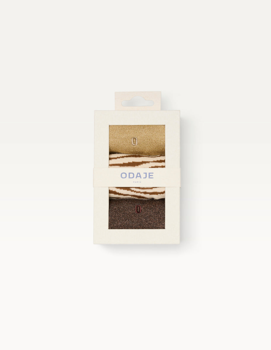 Pack de 3 chaussettes fantaisie femme - Paillettes et zèbre marron doré