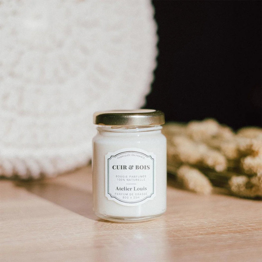 bougie naturelle artisanale cuir et bois