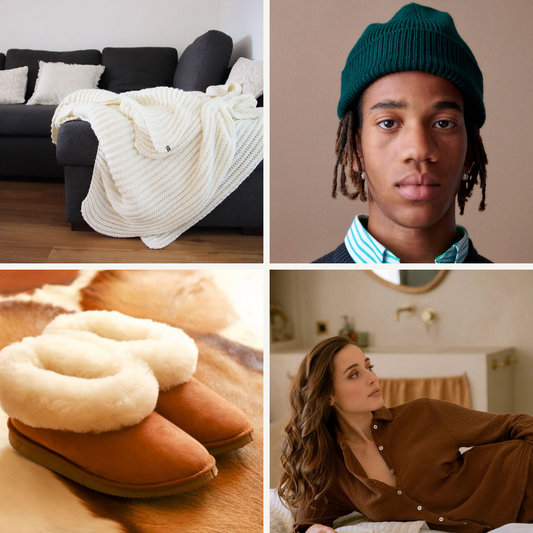 composition de produit pour l'hiver : plaid en laine, bonnet en laine, chausson en laine et pyjama en gaze de coton