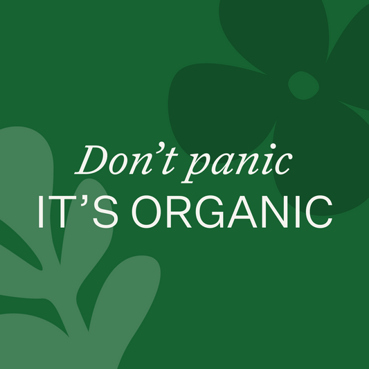 Visuel vert avec citation "don't panic it's organic"