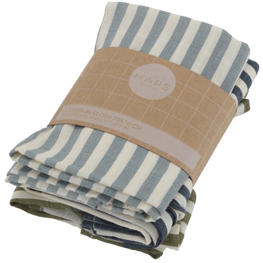 3 grands langes - rayures marine/ciel/vert