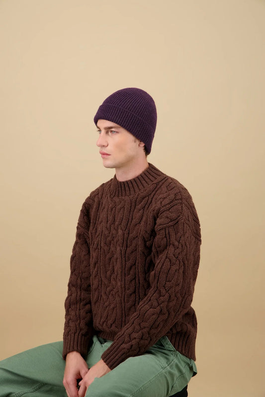 Bonnet en laine merinos prune profil