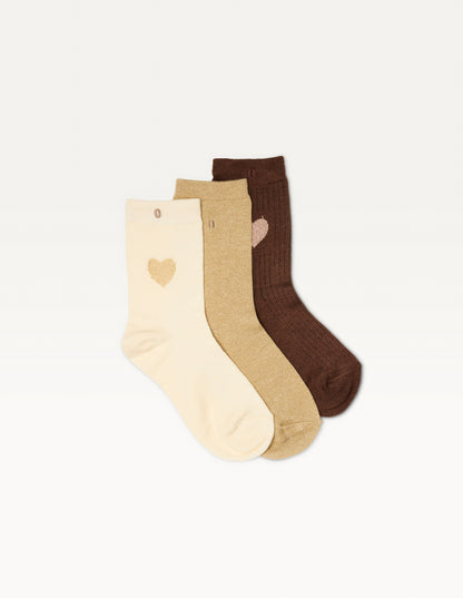 Pack de 3 chaussettes femme : coeur/marron/doré