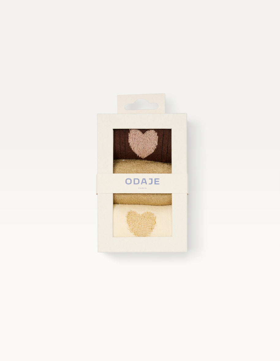 Pack de 3 chaussettes femme : coeur/marron/doré