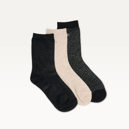 Pack de 3 chaussettes femme : côtelé noir argenté champagne