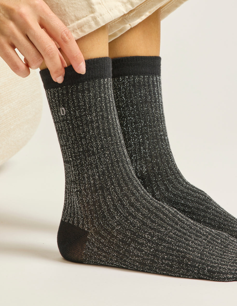 Pack de 3 chaussettes femme : côtelé noir argenté champagne
