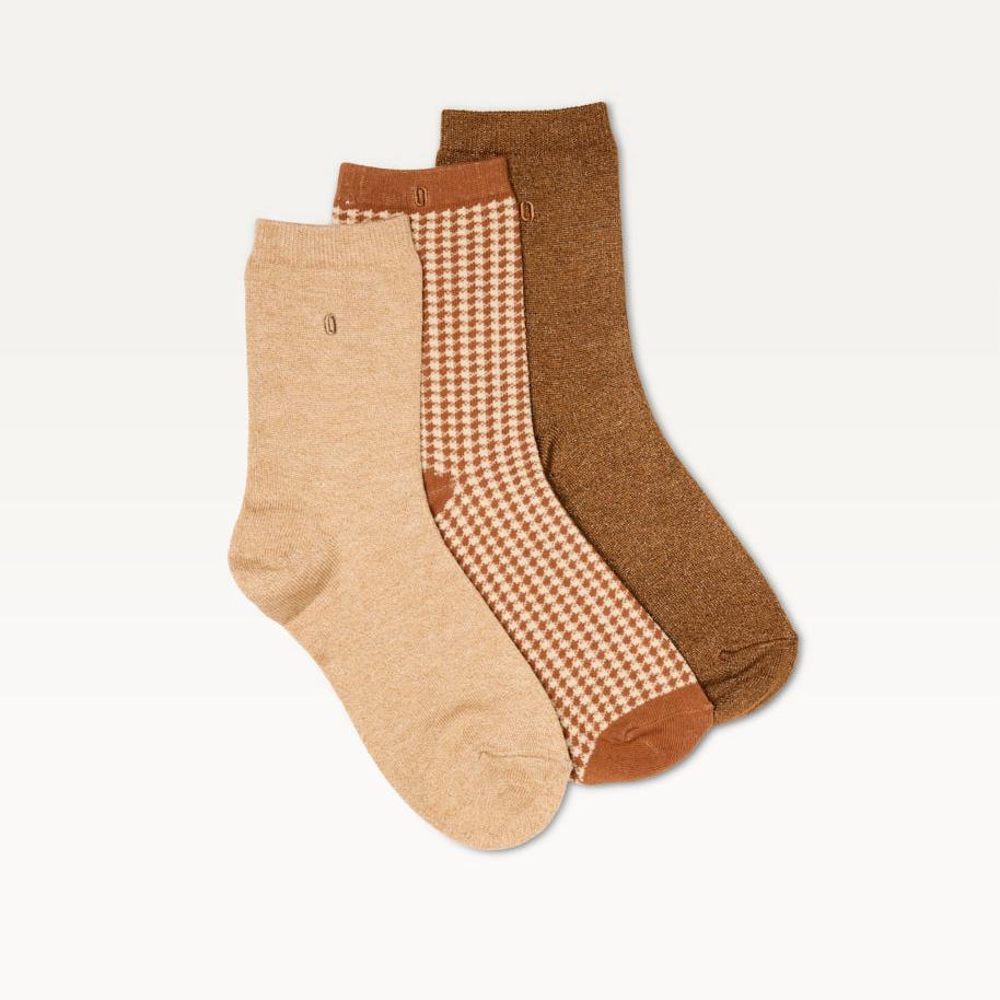Pack de 3 chaussettes femme : Paillettes/pied de poule/marron