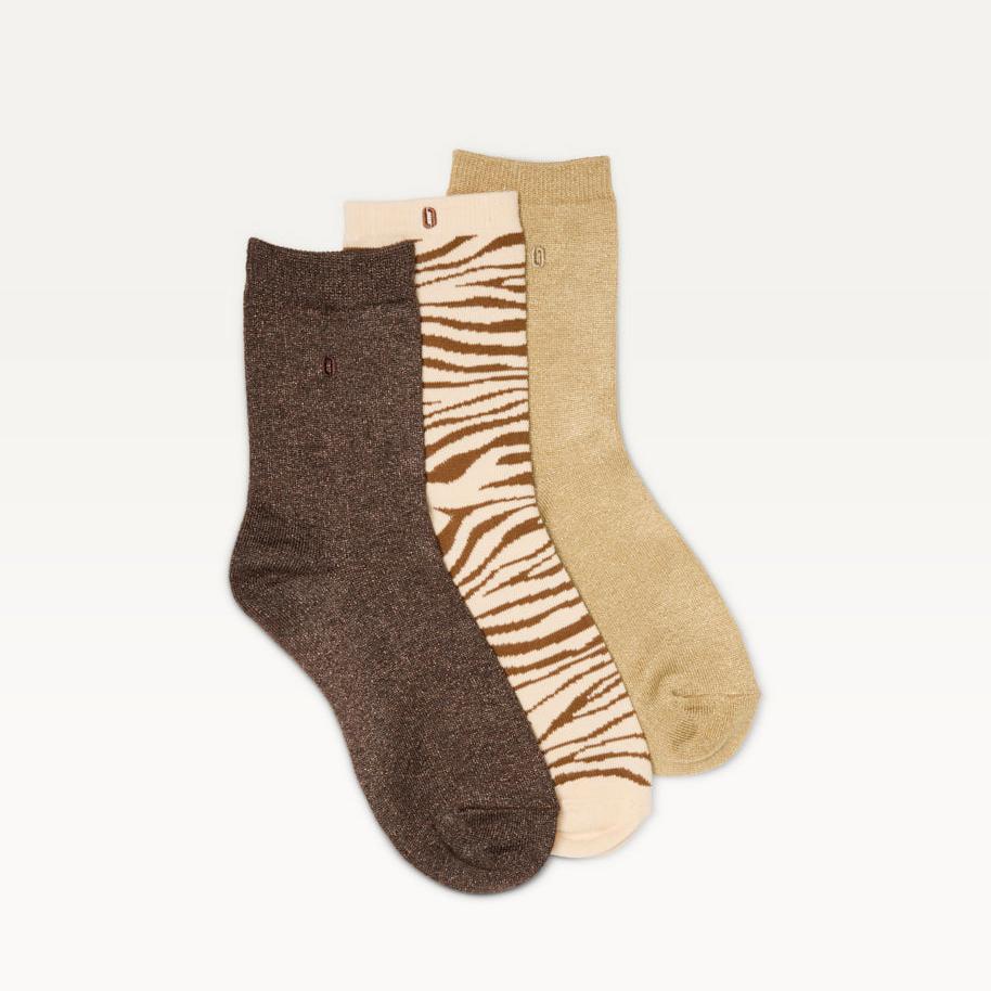 Pack de 3 chaussettes fantaisie femme - Paillettes et zèbre marron doré