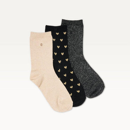 Pack de 3 chaussettes femme : petit coeur/noir/doré