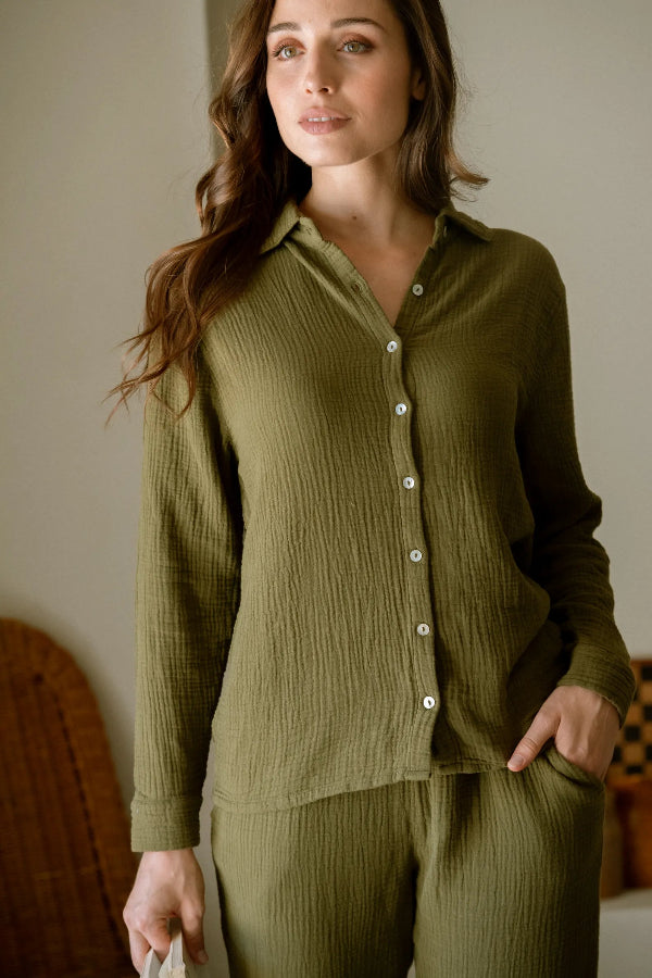 Chemise de pyjama en gaze de coton bio DAPHNÉ - militaire