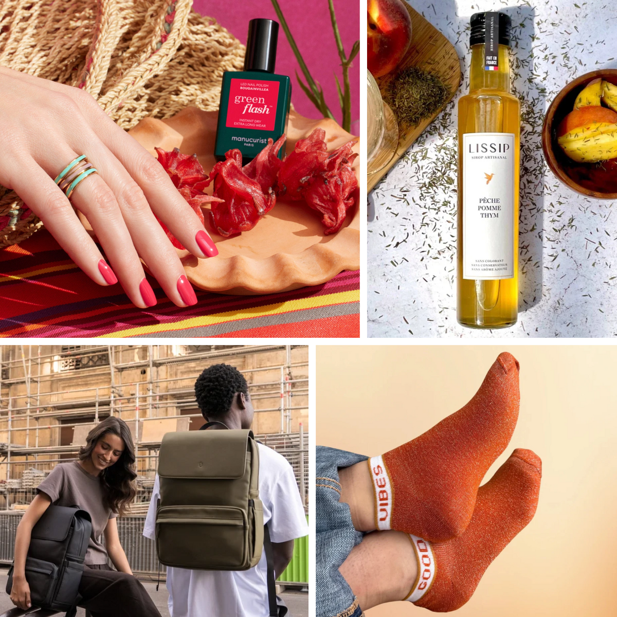 Photos d'un sirop Lissip, d'une paire de chaussette orange portés, de deux personnes avec des sacs à a dos, et un packshot d'un vernis et d'une main avec ongles vernis