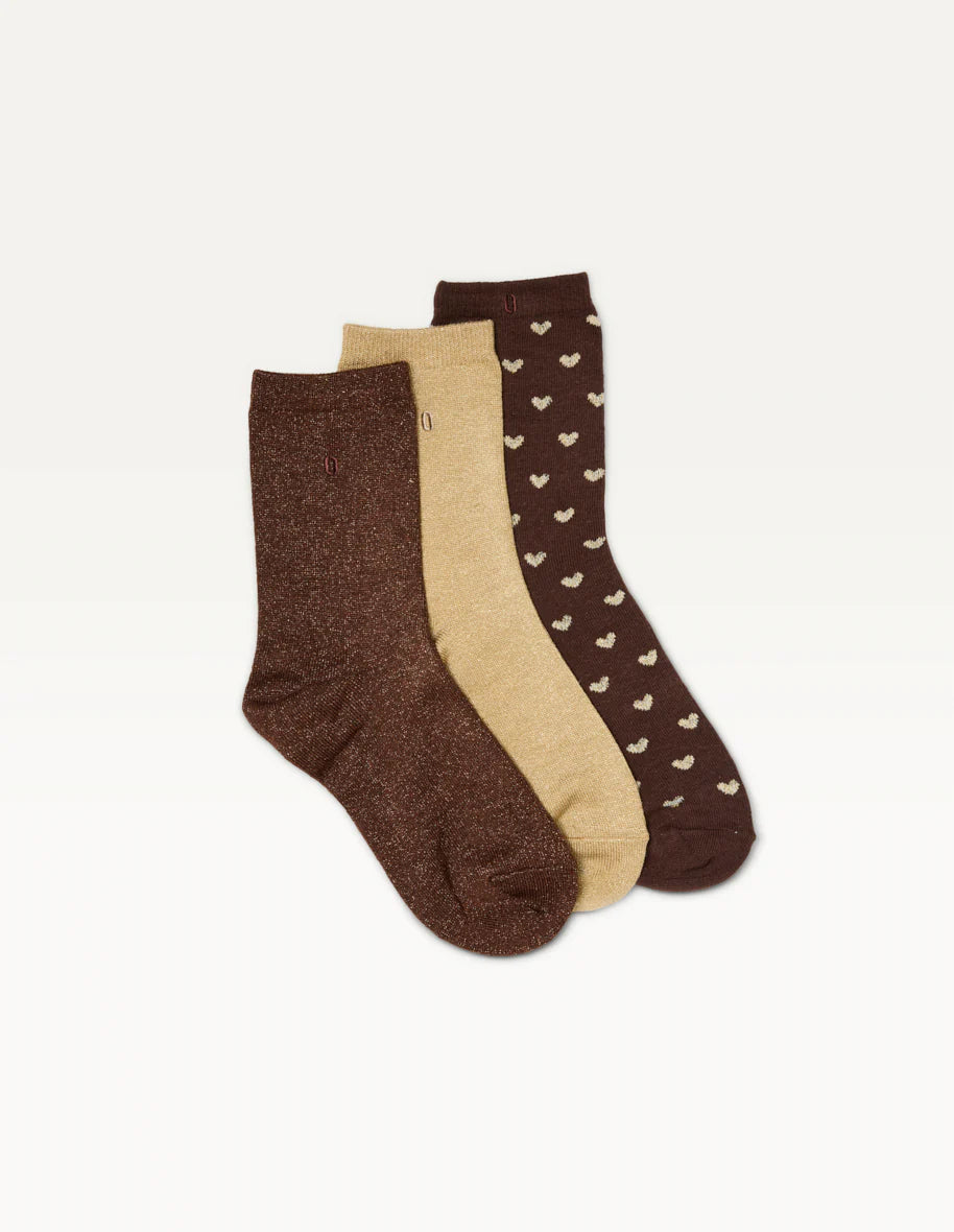 Pack de 3 chaussettes fantaisie femme - Petit coeur marron et doré