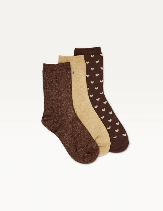 Pack de 3 chaussettes fantaisie femme - Petit coeur marron et doré