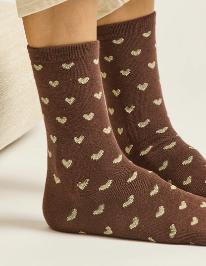 Pack de 3 chaussettes fantaisie femme - Petit coeur marron et doré
