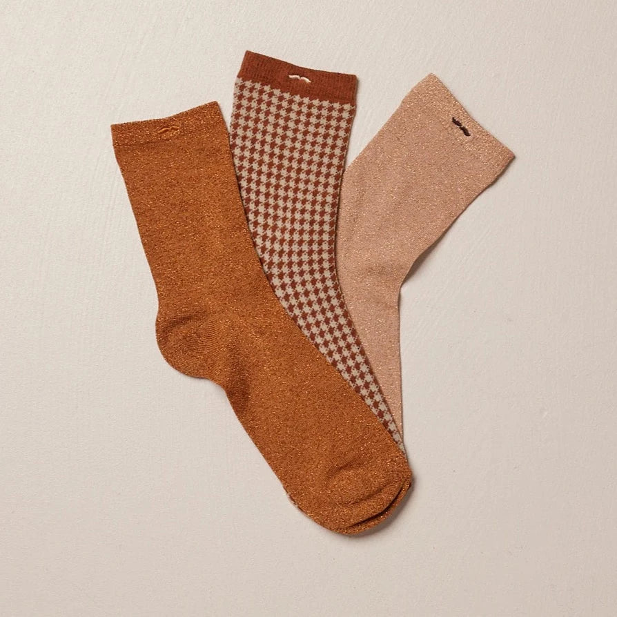 Pack de 3 chaussettes femme : Paillettes/pied de poule/marron