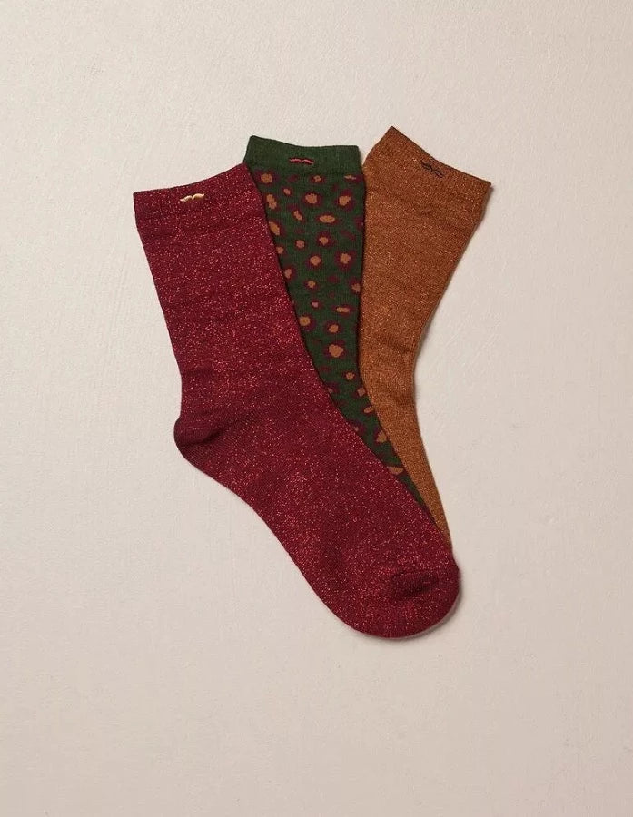 Pack de 3 chaussettes femme : léopard vert/bordeaux/marron