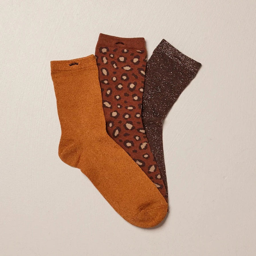 Pack de 3 chaussettes femme : paillettes/léopard/marron