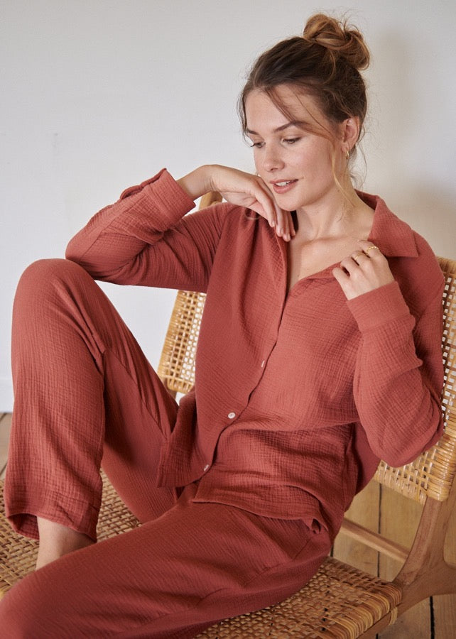 Chemise de pyjama en gaze de coton bio DAPHNÉ TERRACOTTA