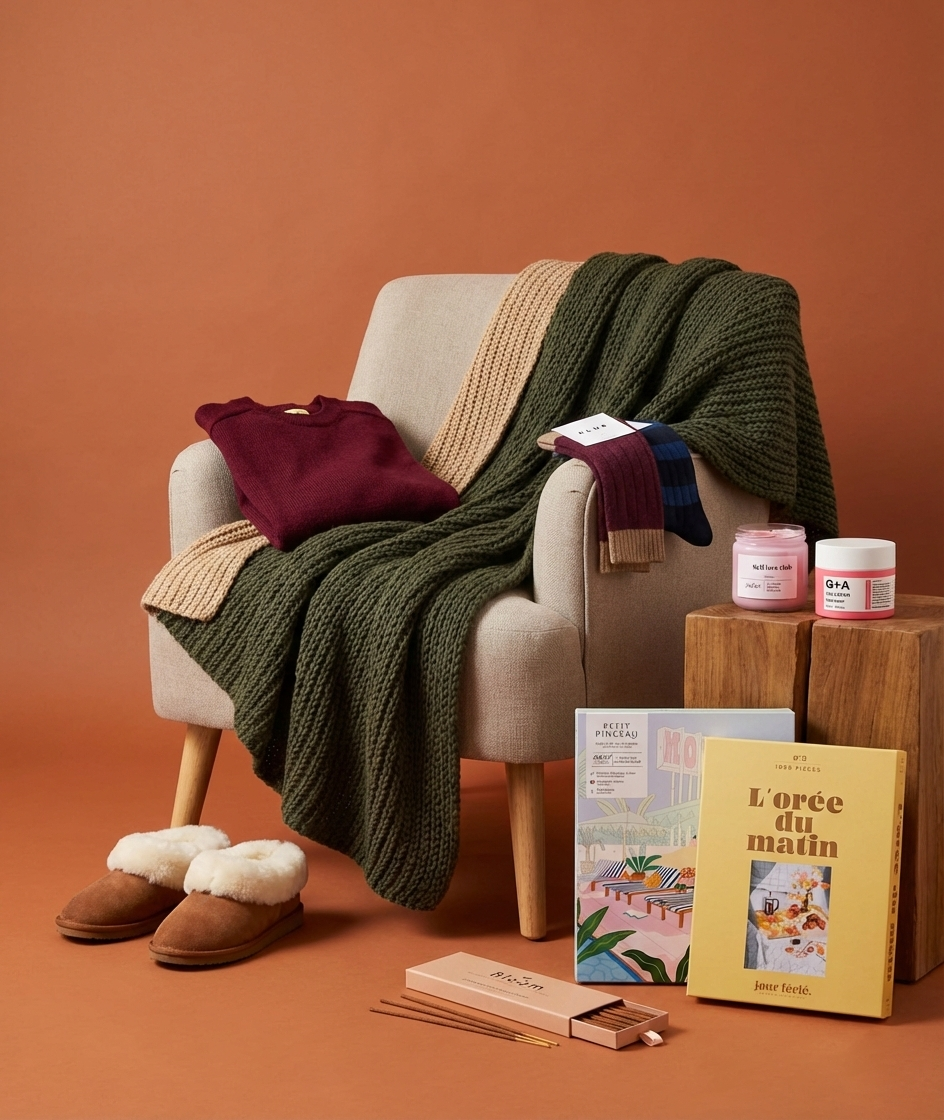Set design avec produit cocooning ou hivernaux (chaussons, jeux de société, plaid en laine, bougies)