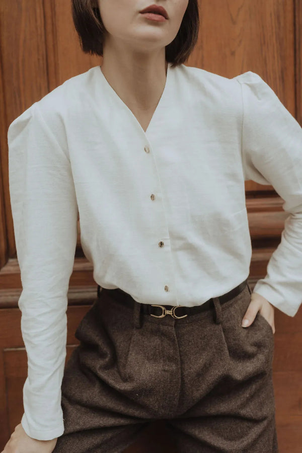 chemise sevenlie blanche manches bouffante boutons dorés