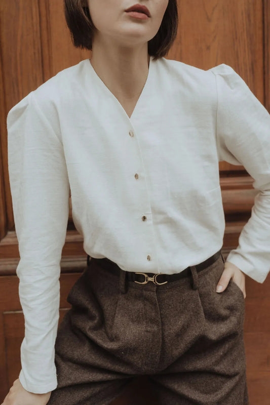 chemise sevenlie blanche manches bouffante boutons dorés