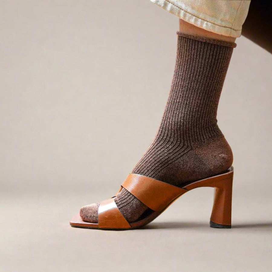 chaussettes à paillettes marron camel