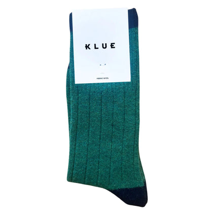 chaussettes klue laine mérinos vert avec bandes bleu