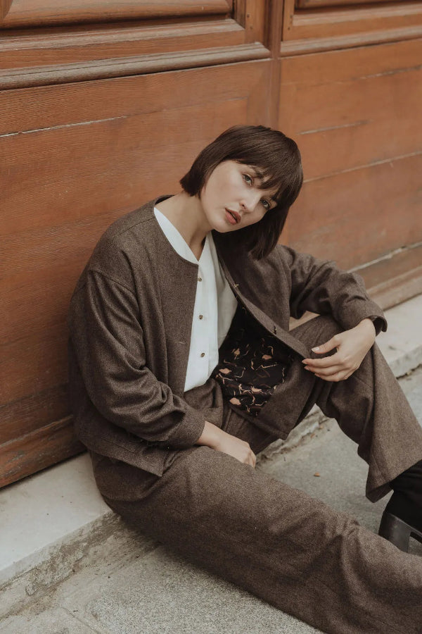 veste en laine marron doublure imprimée