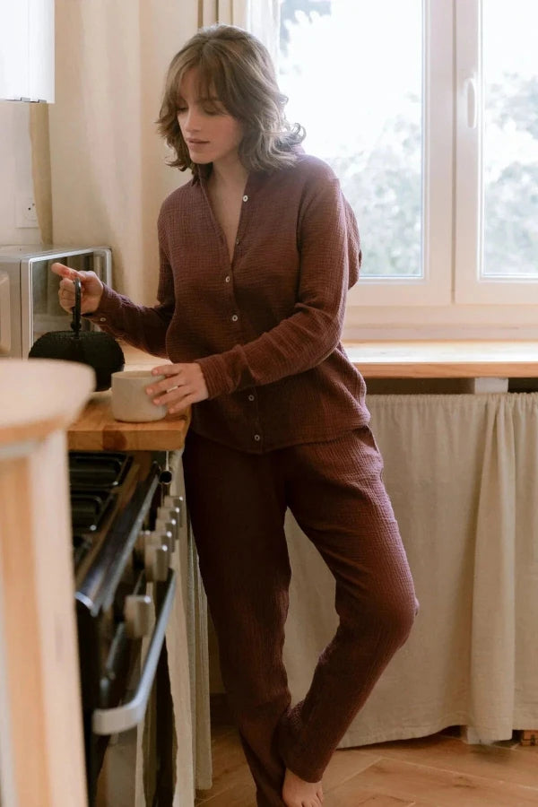 pantalon de pyjama en gaze de coton bordeaux