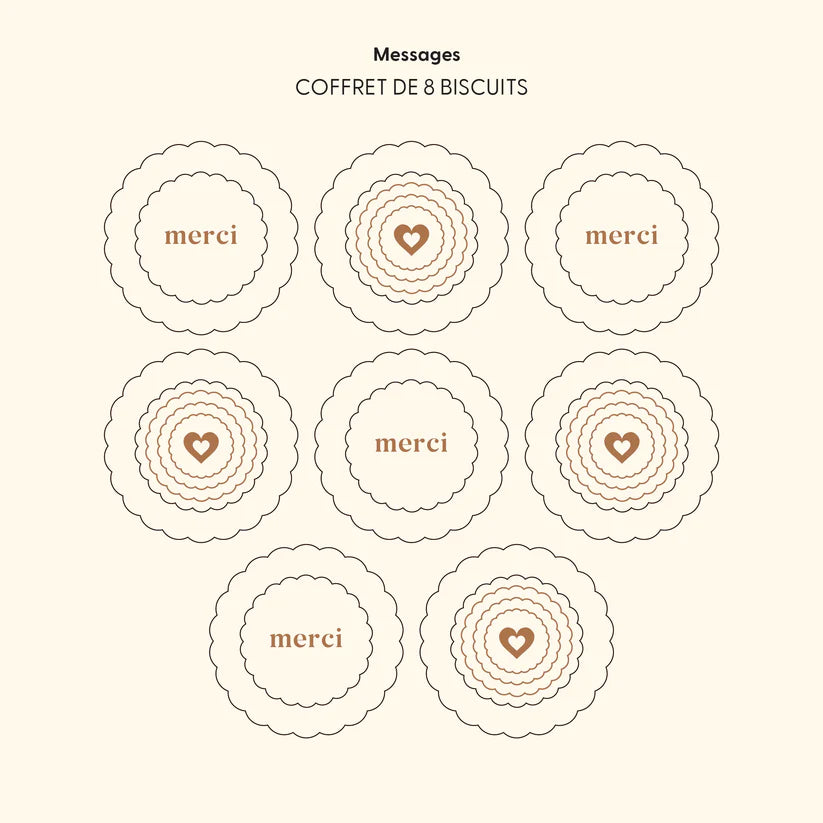 messages du coffretde 8 biscuits au chocolat merci