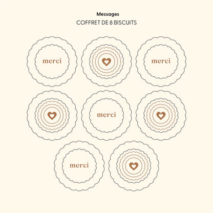 messages du coffretde 8 biscuits au chocolat merci