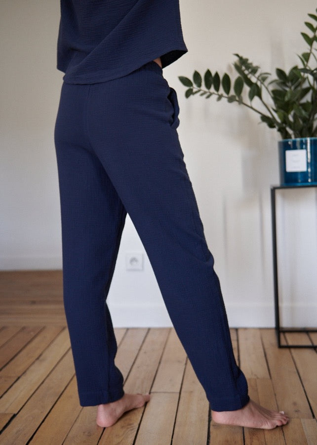 Pantalon de pyjama en gaze de coton bio DAPHNÉ BLEU