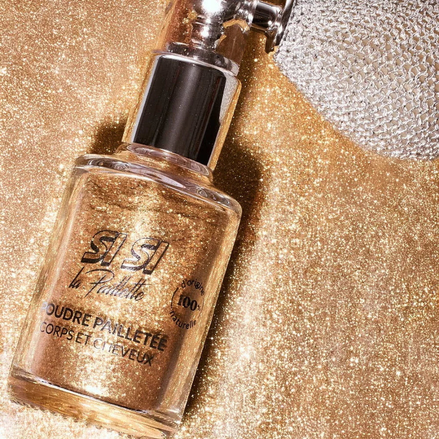 poudre pailletée en spray dorée