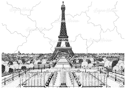 carte postale ligne noire tour eiffel trocadéro