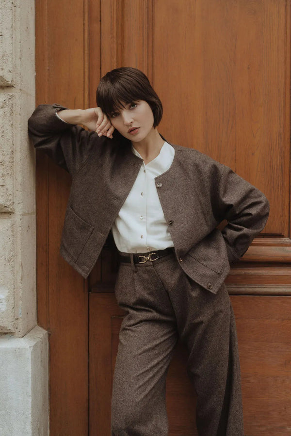 outfit veste en laine marron sevenlie