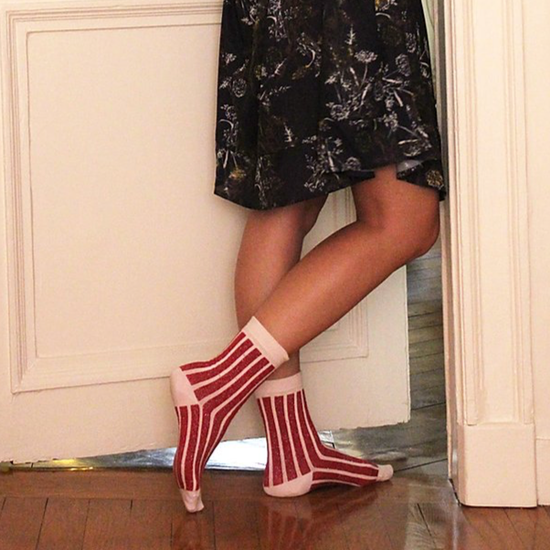 Chaussettes made in France Maison causette rayé rouge à paillettes