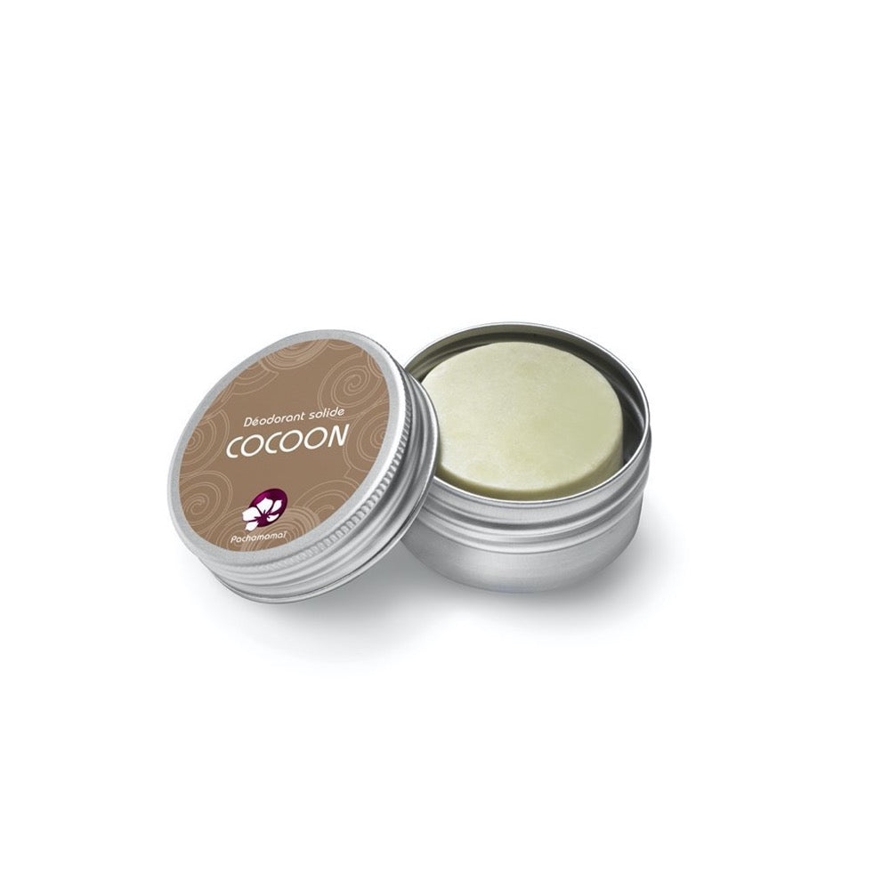 Déodorant solide bio sans huile essentielle pachamamaï cocoon avec sa boite en métal