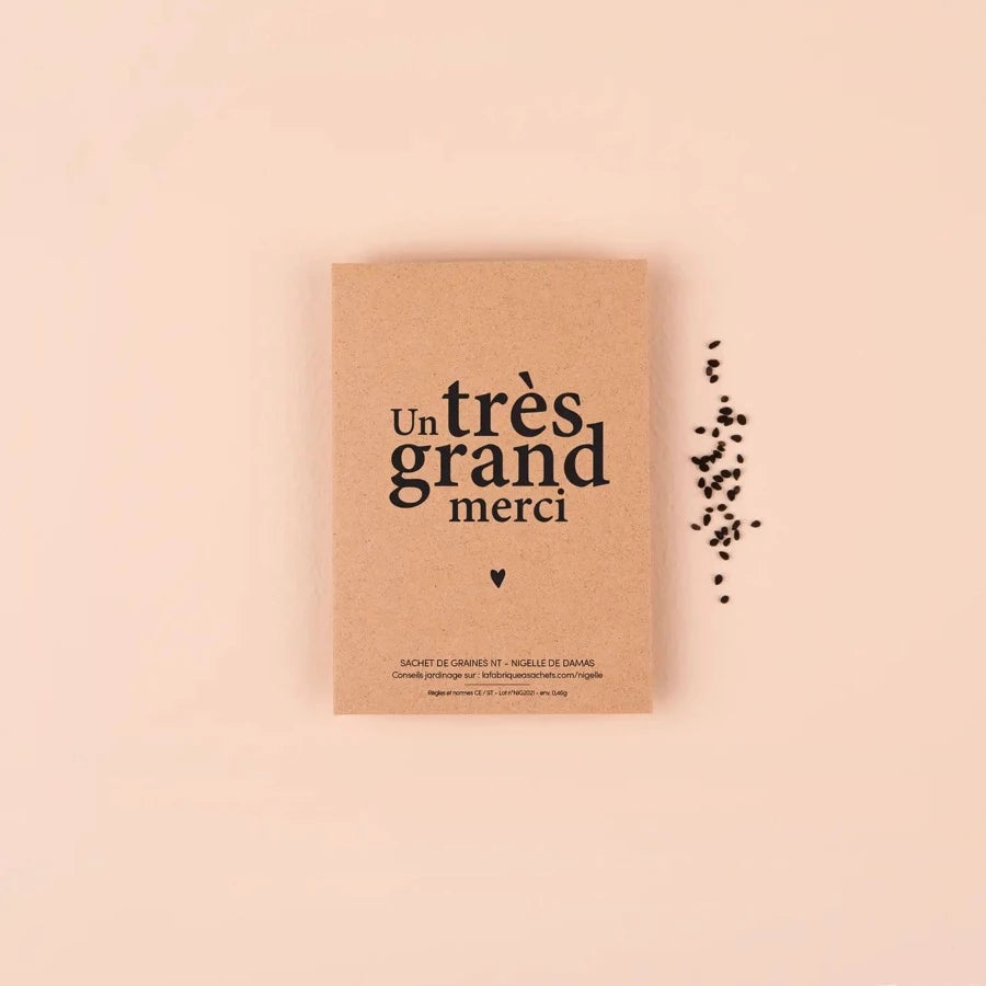 Sachet de graines de Nigelle de damas avec mot Un très grand merci.