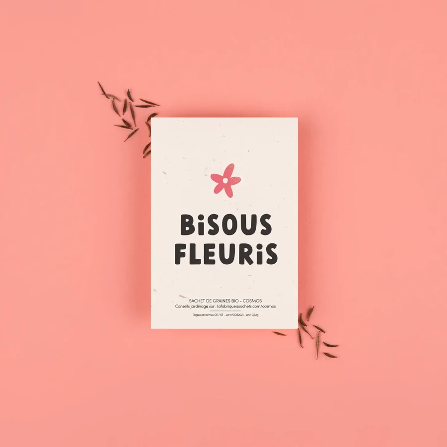 Message bisous fleuris sur sachet de graines